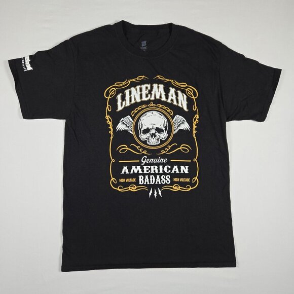 Hanes Mens M Lineman Skull Wings‎ Tee Black High Voltage Y2K Bold Graphic Shirt - Picture 3 of 11